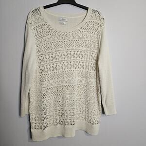 Van Heusen Open Weave Crochet Sweater Womens XL Off White Gold Cotton Blend